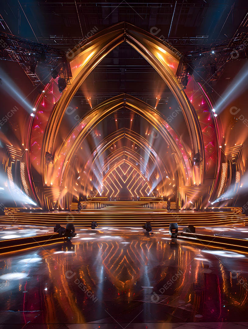 Um palco em uma renderização 3D na cor dourada