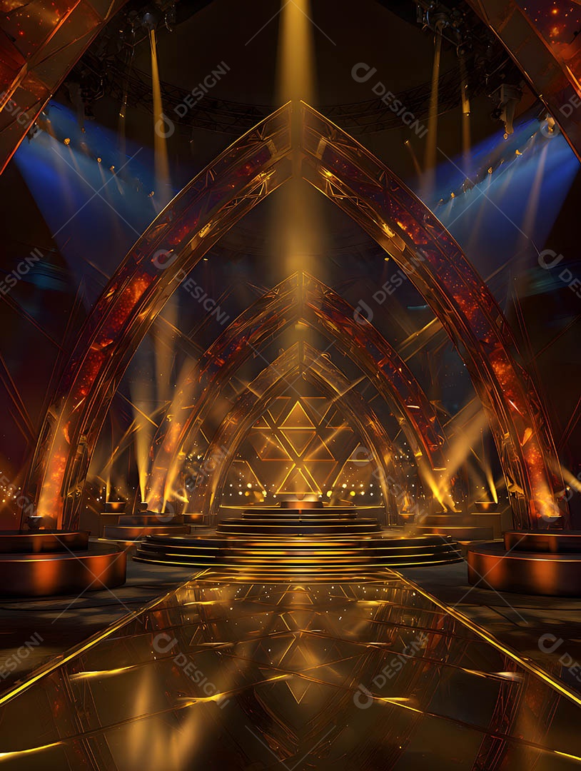Um palco em uma renderização 3D na cor dourada