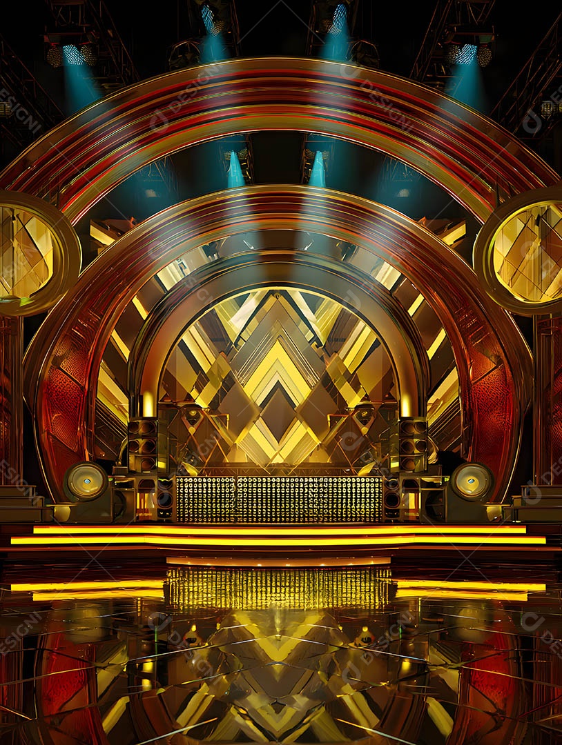 Um palco em uma renderização 3D na cor dourada