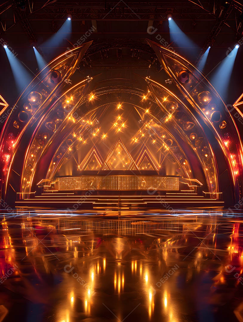 Um palco em uma renderização 3D na cor dourada