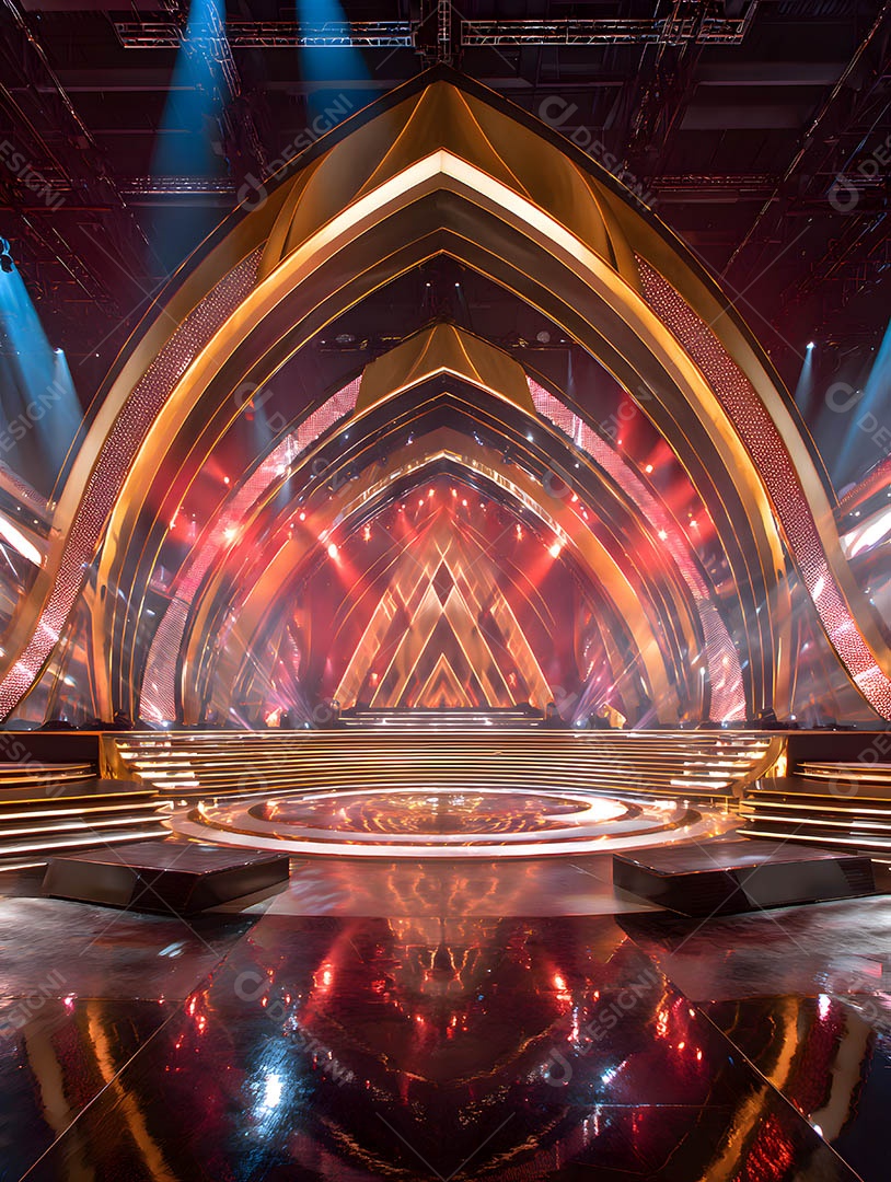 Um palco em uma renderização 3D na cor dourada