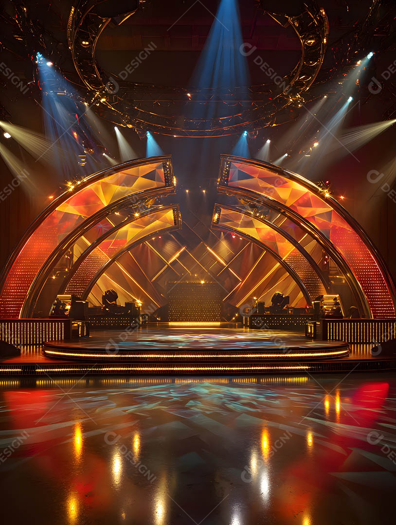 Um palco em uma renderização 3D na cor dourada