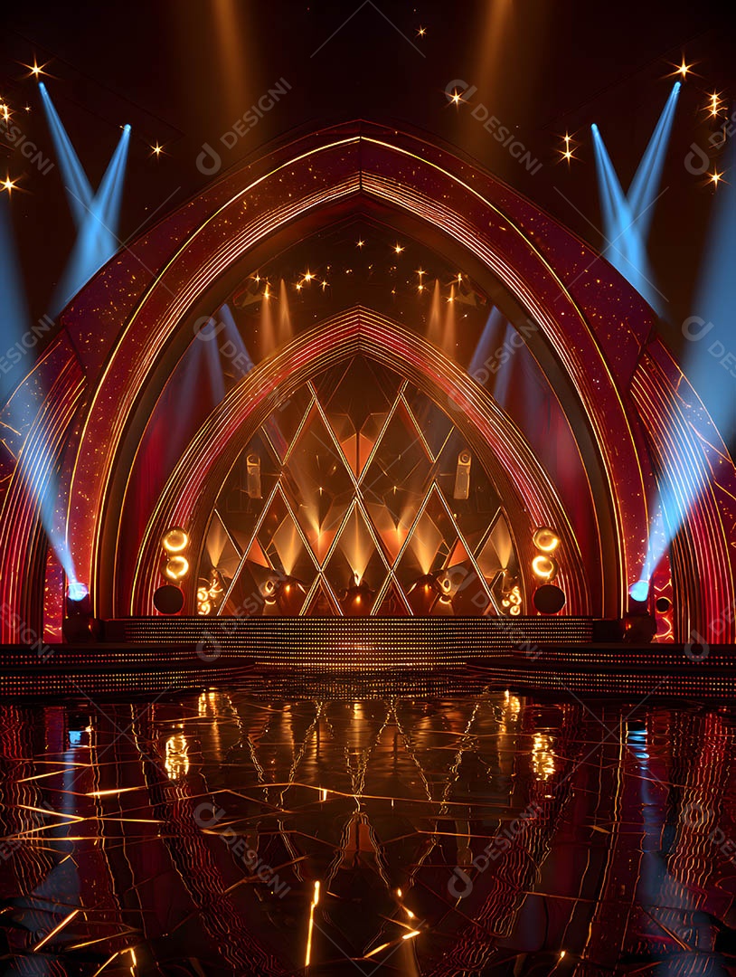 Um palco em uma renderização 3D na cor dourada