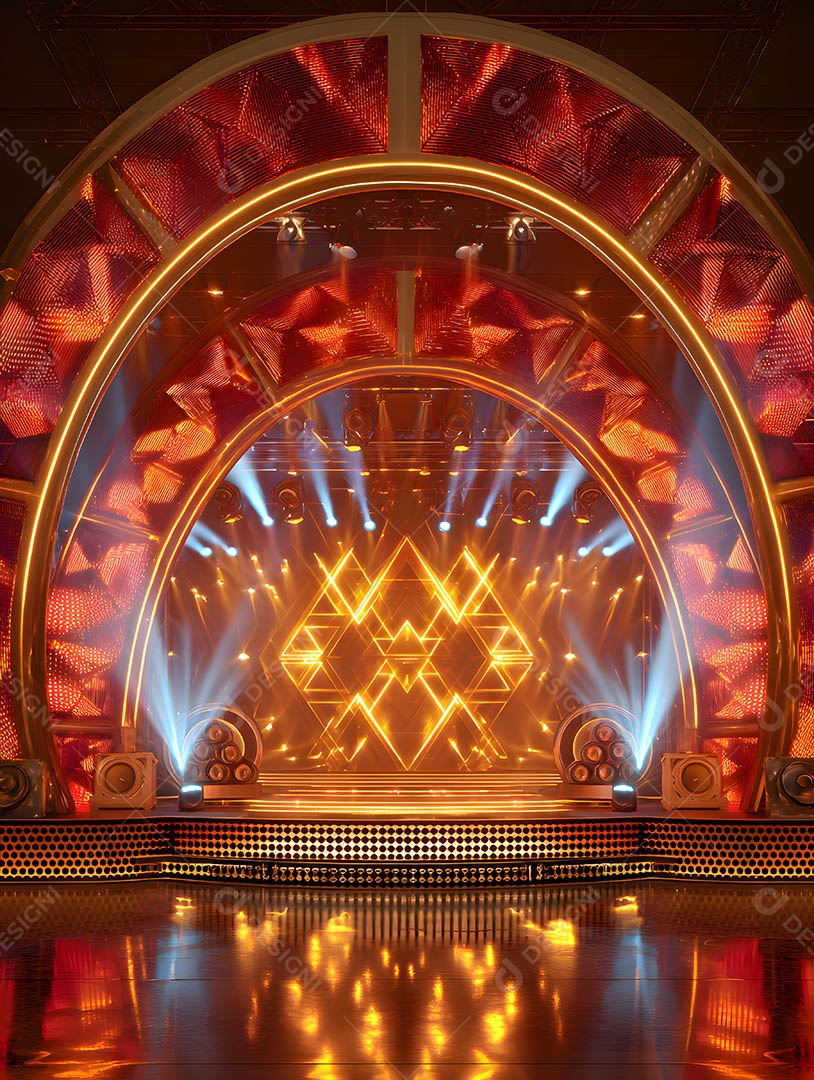 Um palco em uma renderização 3D na cor dourada