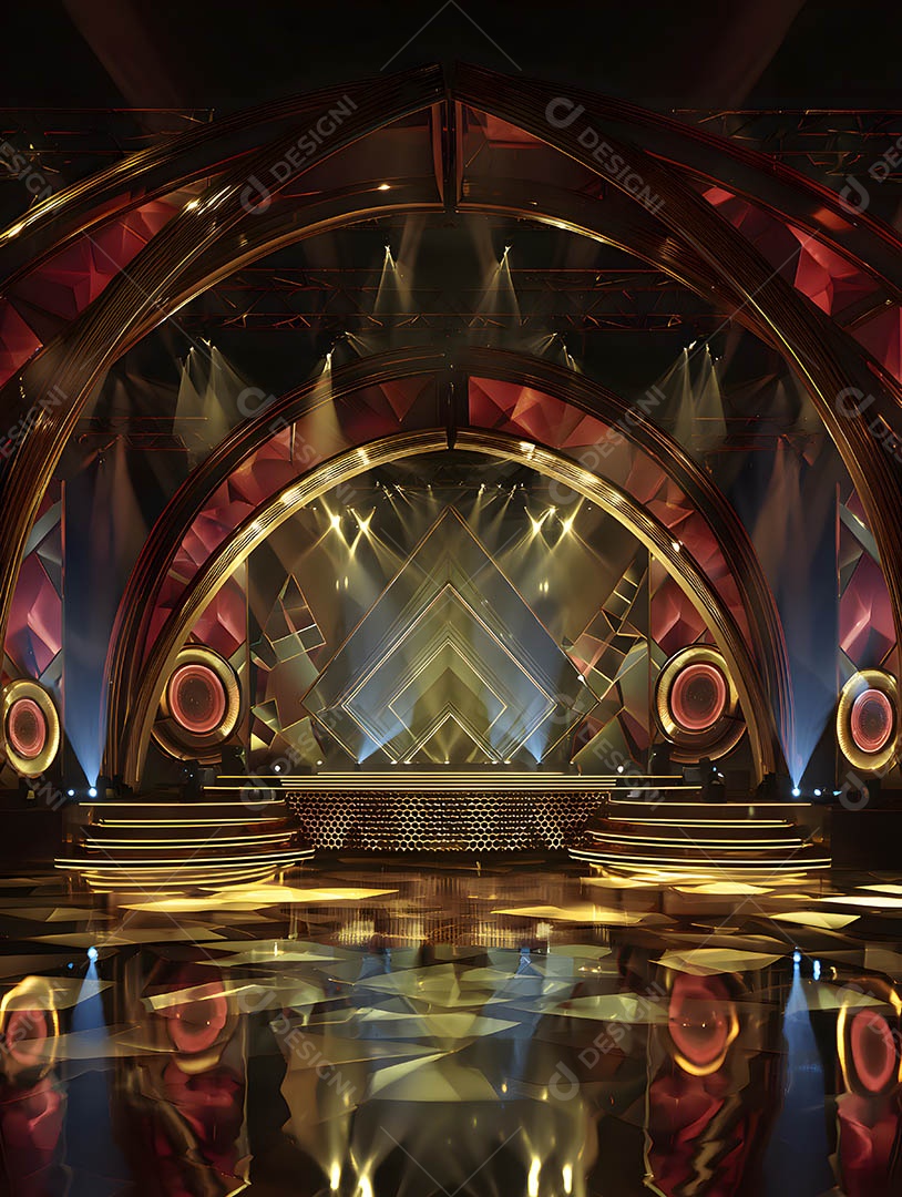 Um palco em uma renderização 3D na cor dourada