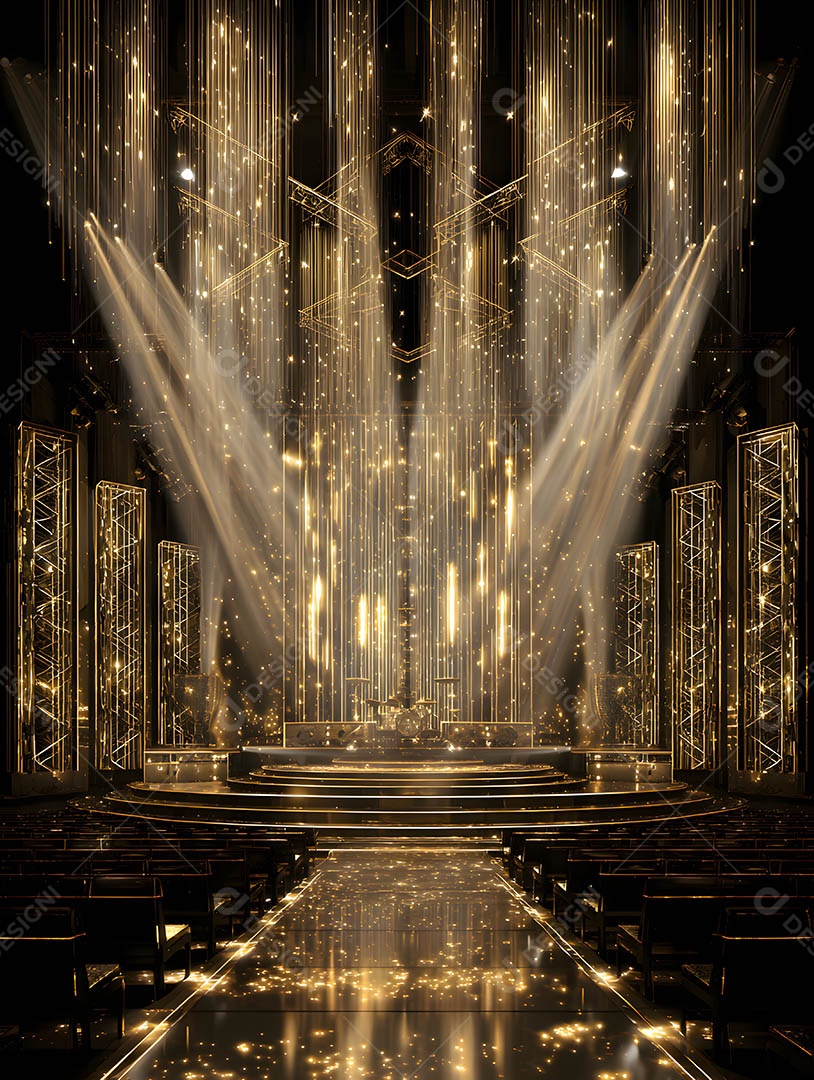 Um palco em uma renderização 3D na cor dourada