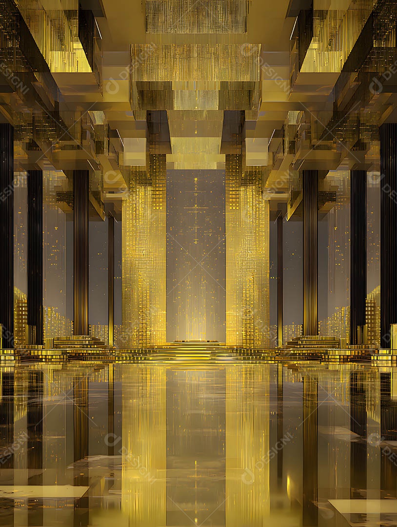 Um corredor futurista em uma renderização 3D na cor dourada