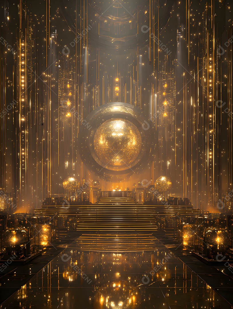 Um palco em uma renderização 3D na cor dourada