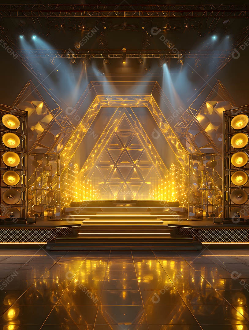 Um palco em uma renderização 3D na cor dourada
