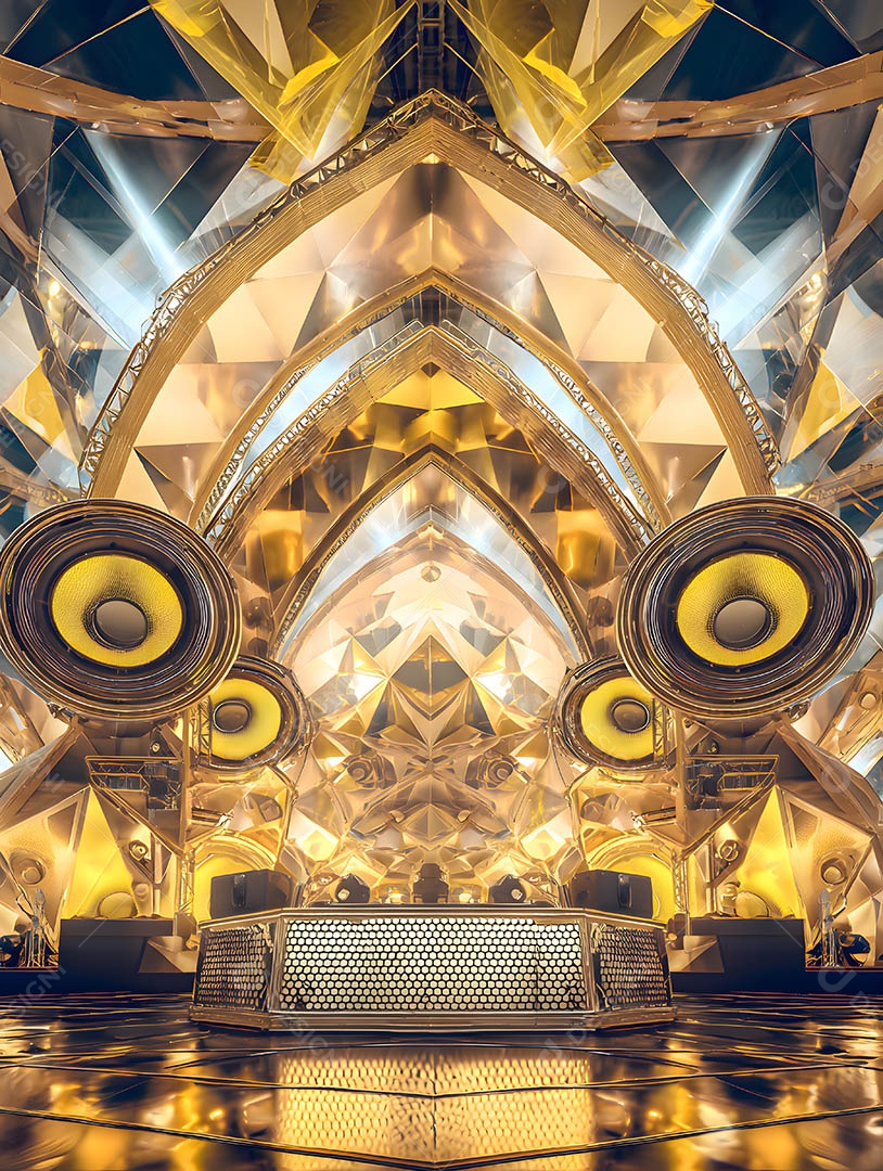 Um palco em uma renderização 3D na cor dourada