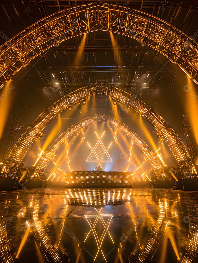 Um palco em uma renderização 3D na cor dourada