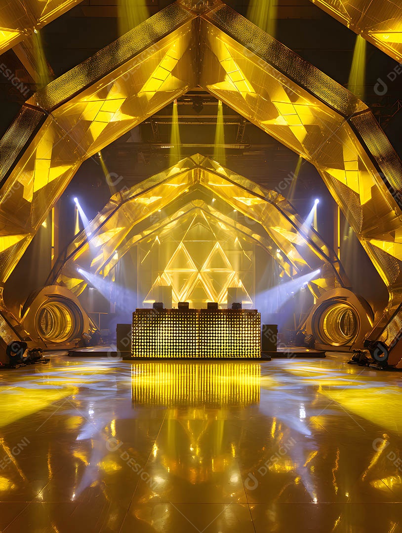 Um palco em uma renderização 3D na cor dourada