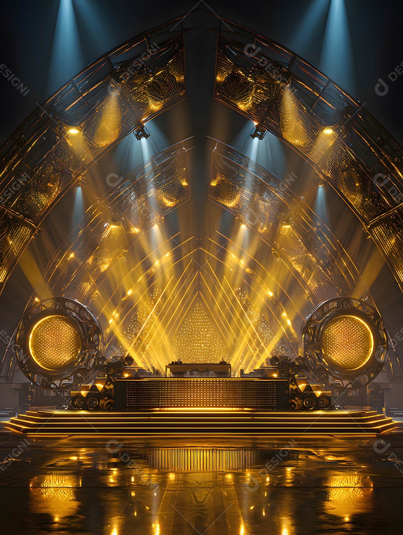 Um palco em uma renderização 3D na cor dourada