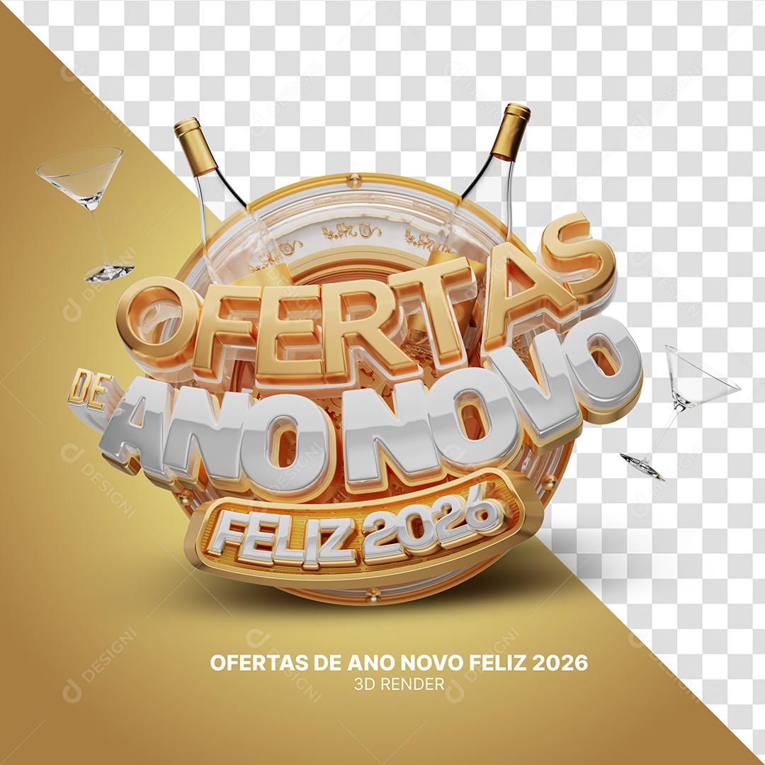 Ofertas de Ano Novo Feliz 2026 Selo 3D para Composição PSD
