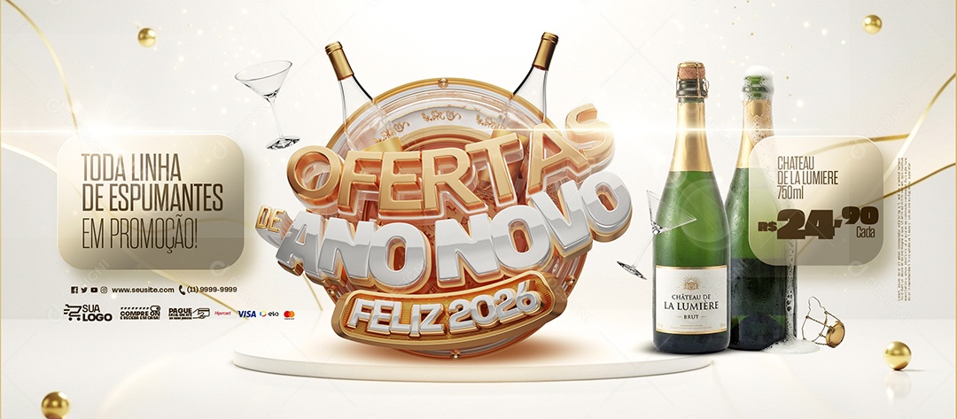 Banner Supermercado Ofertas de Ano Novo Feliz 2026 Espumantes Social Media PSD Editável
