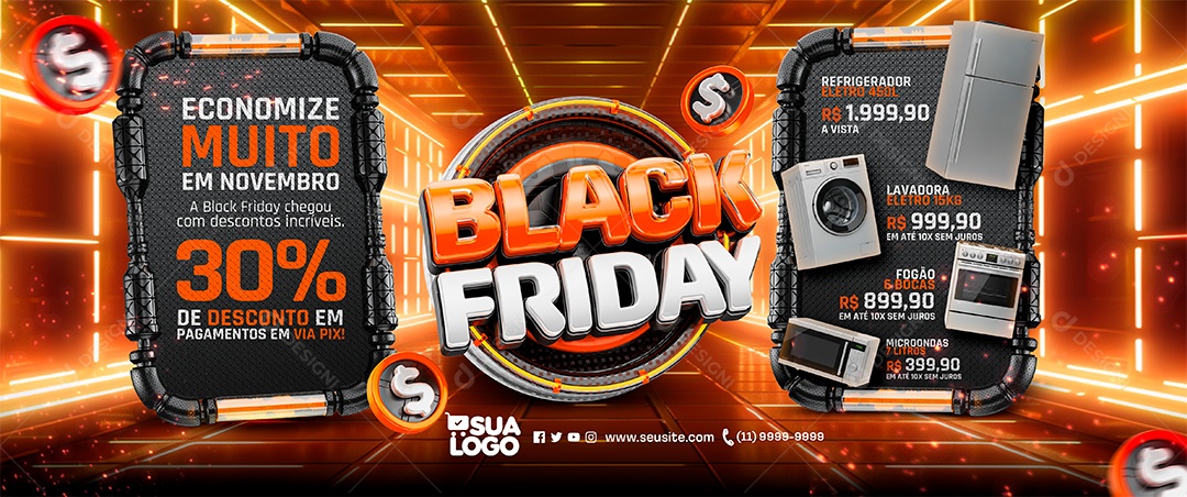 Banner Black Friday Loja de Eletrodomésticos Refrigerador Lavadora e Fogão Social Media PSD Editável