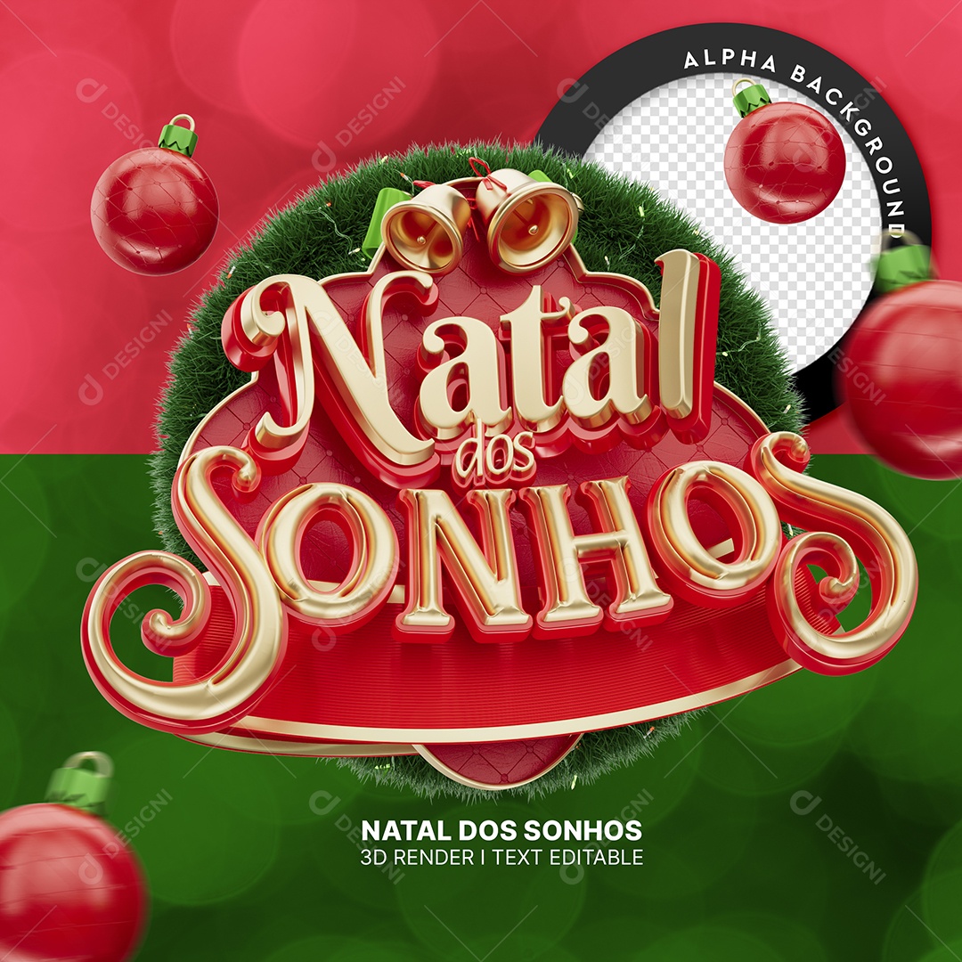 Natal dos Sonhos Selo 3D Vermelho e Dourado para Composição PSD