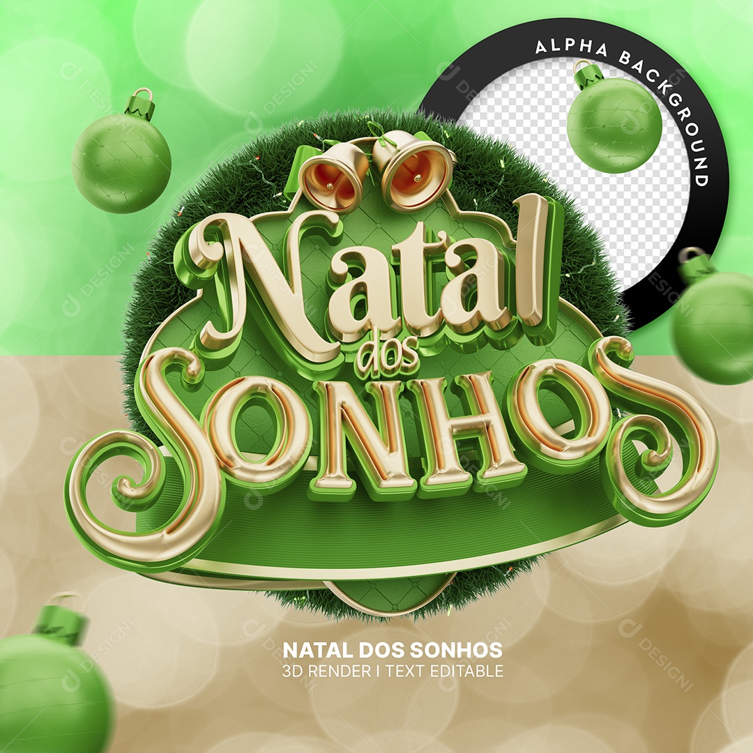 Natal dos Sonhos Selo 3D Verde e Dourado para Composição PSD