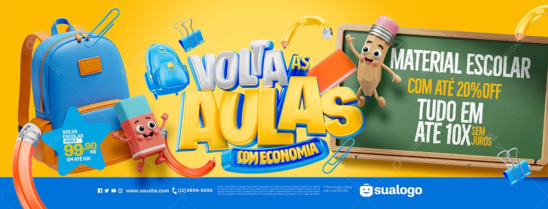 Banner Volta às Aulas Material Escolar Social Media PSD Editável