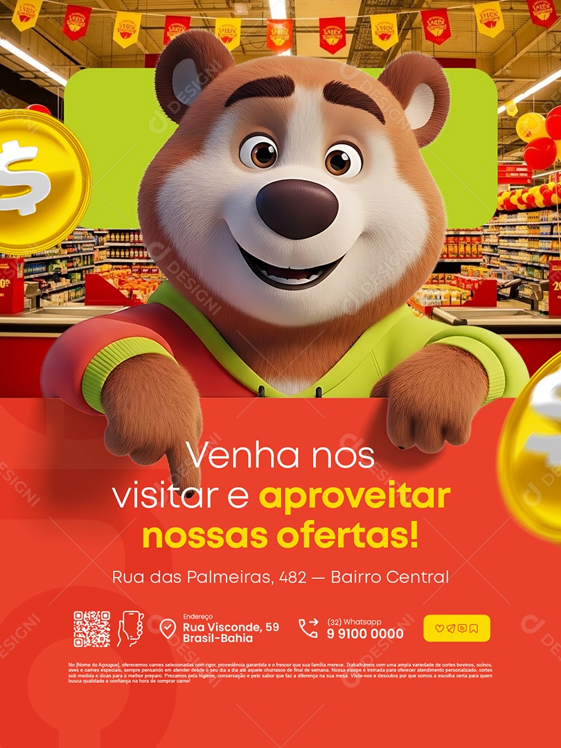 Supermercado Venha nos Visitar e Aproveitar Nossas Ofertas Social Media PSD Editável