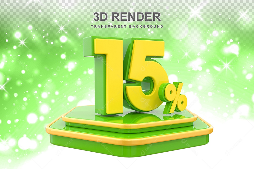 Número 15% Elemento 3D Amarelo E Verde para Composição PSD