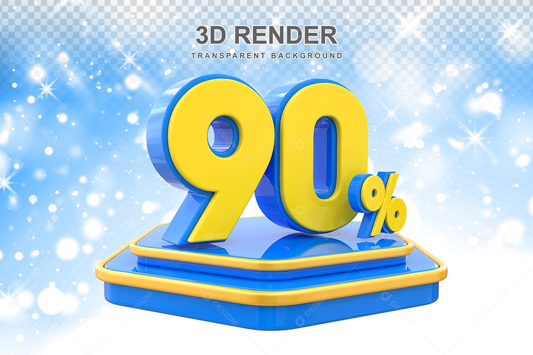 Número 90% Elemento 3D Amarelo E Azul para Composição PSD