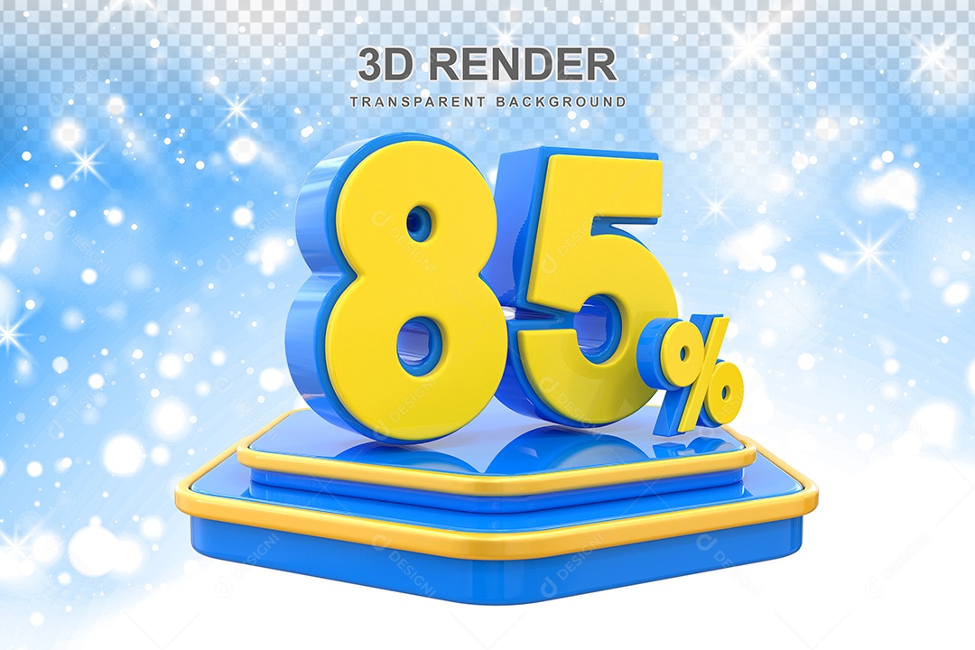 Número 85% Elemento 3D Amarelo E Azul para Composição PSD