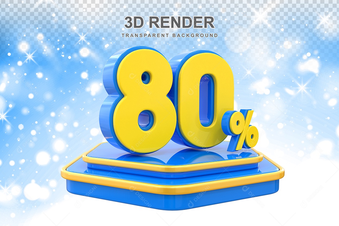 Número 80% Elemento 3D Amarelo E Azul para Composição PSD