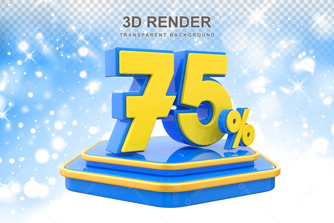 Número 75% Elemento 3D Amarelo E Azul para Composição PSD