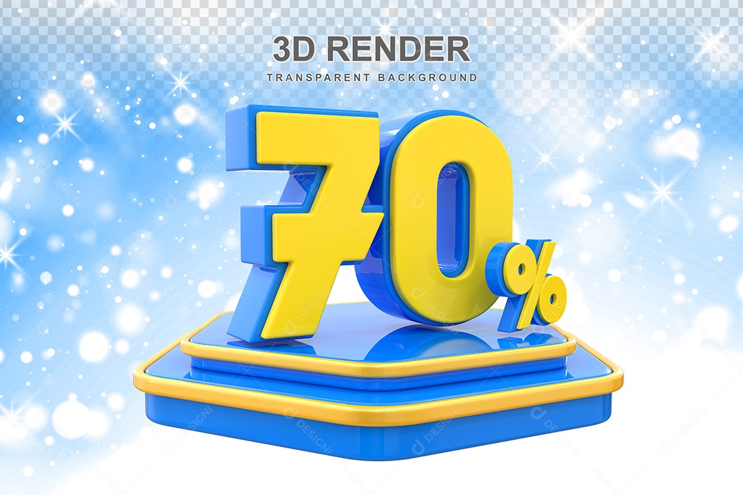 Número 70% Elemento 3D Amarelo E Azul para Composição PSD