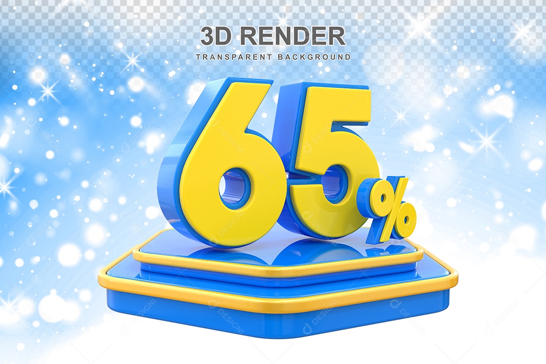 Número 65% Elemento 3D Amarelo E Azul para Composição PSD