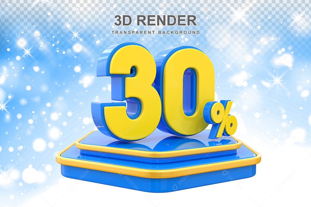 Número 30% Elemento 3D Amarelo E Azul para Composição PSD