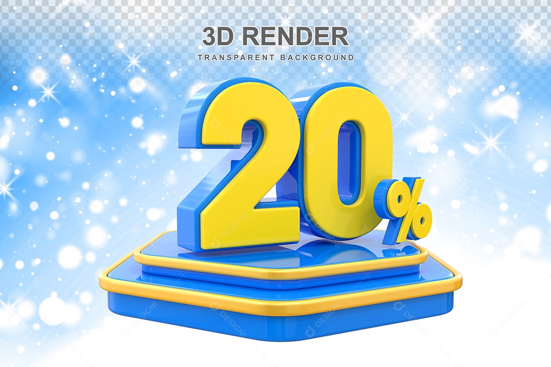 Número 20% Elemento 3D Amarelo E Azul para Composição PSD