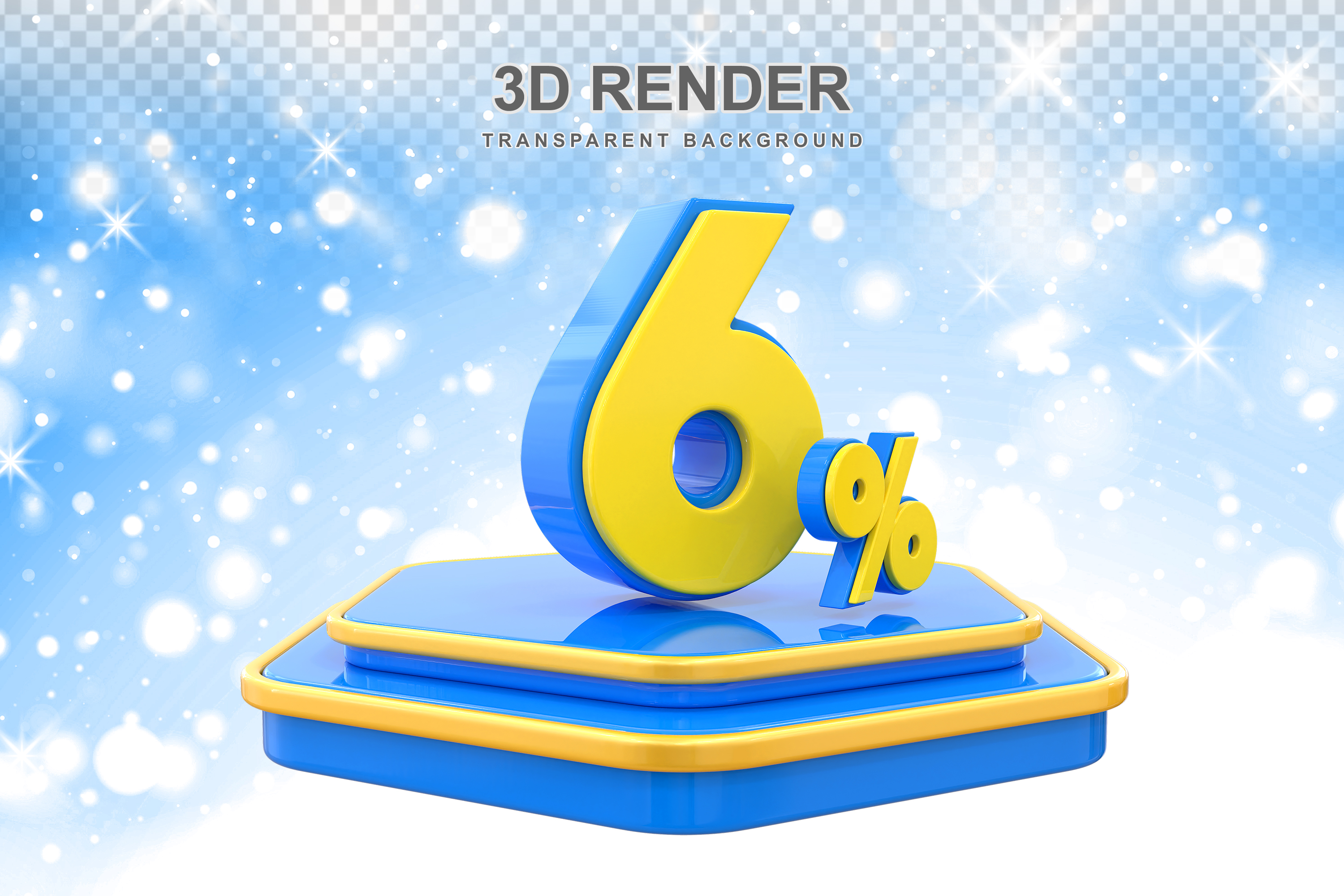 Número 6% Elemento 3D Amarelo E Azul para Composição PSD