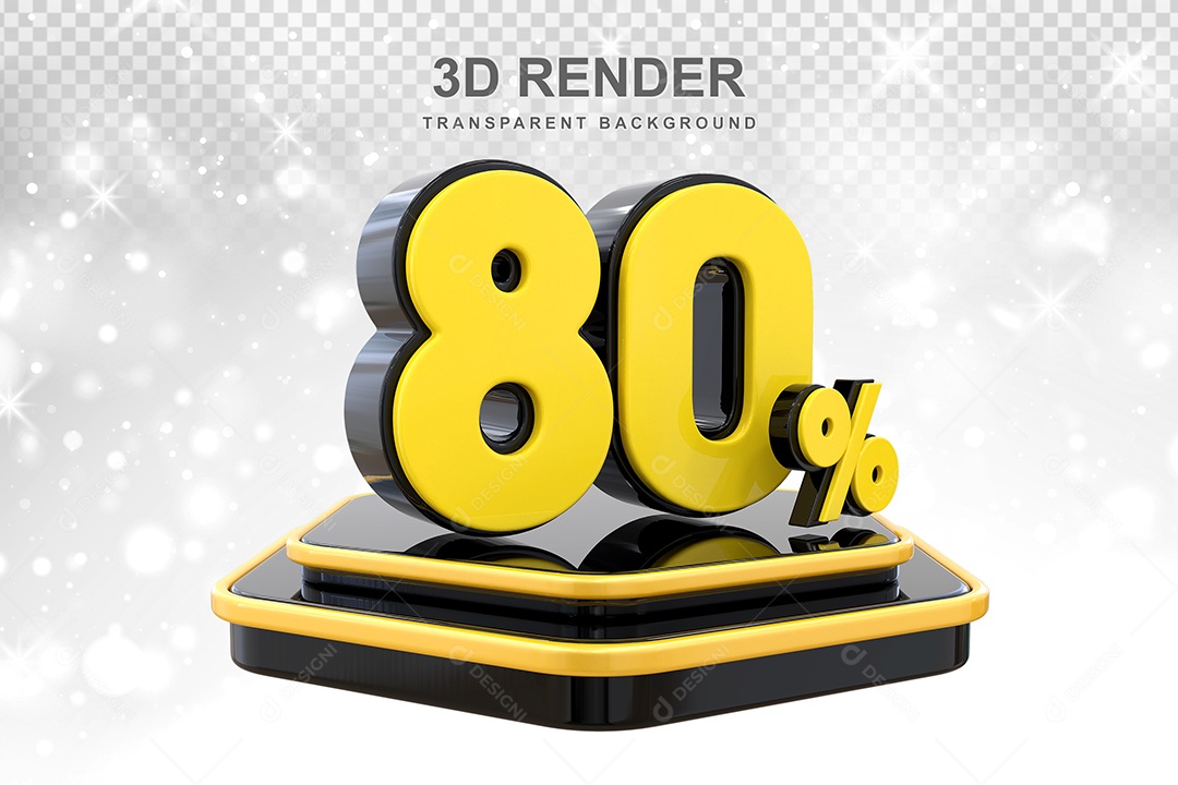 Número 80% Elemento 3D Amarelo E Preto para Composição PSD