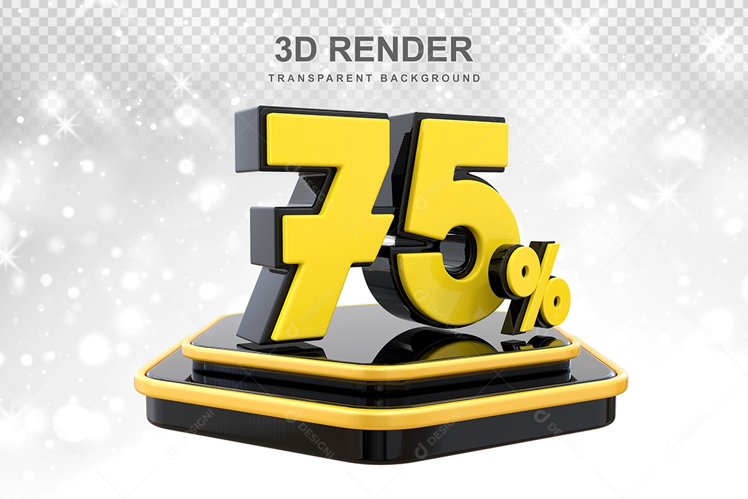 Número 75% Elemento 3D Amarelo E Preto para Composição PSD