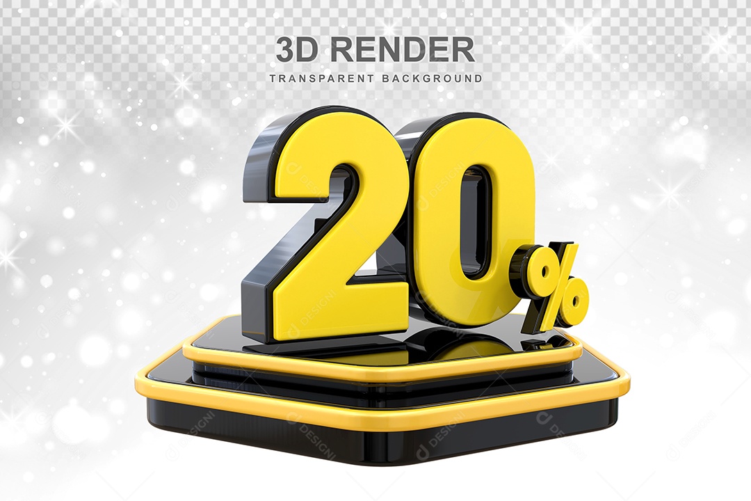 Número 20% Elemento 3D Amarelo E Preto para Composição PSD