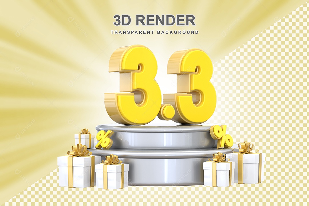 Número 3.3 Elemento 3D Amarelo para Composição PSD