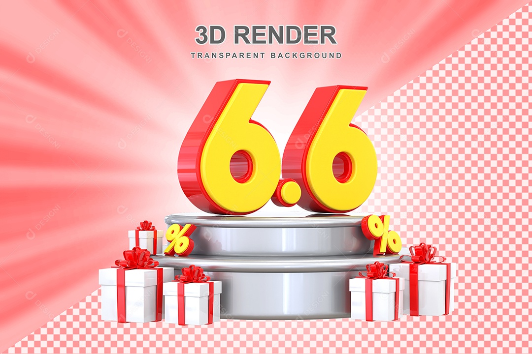 Número 6.6 Elemento 3D Vermelho E Anarelo para Composição PSD