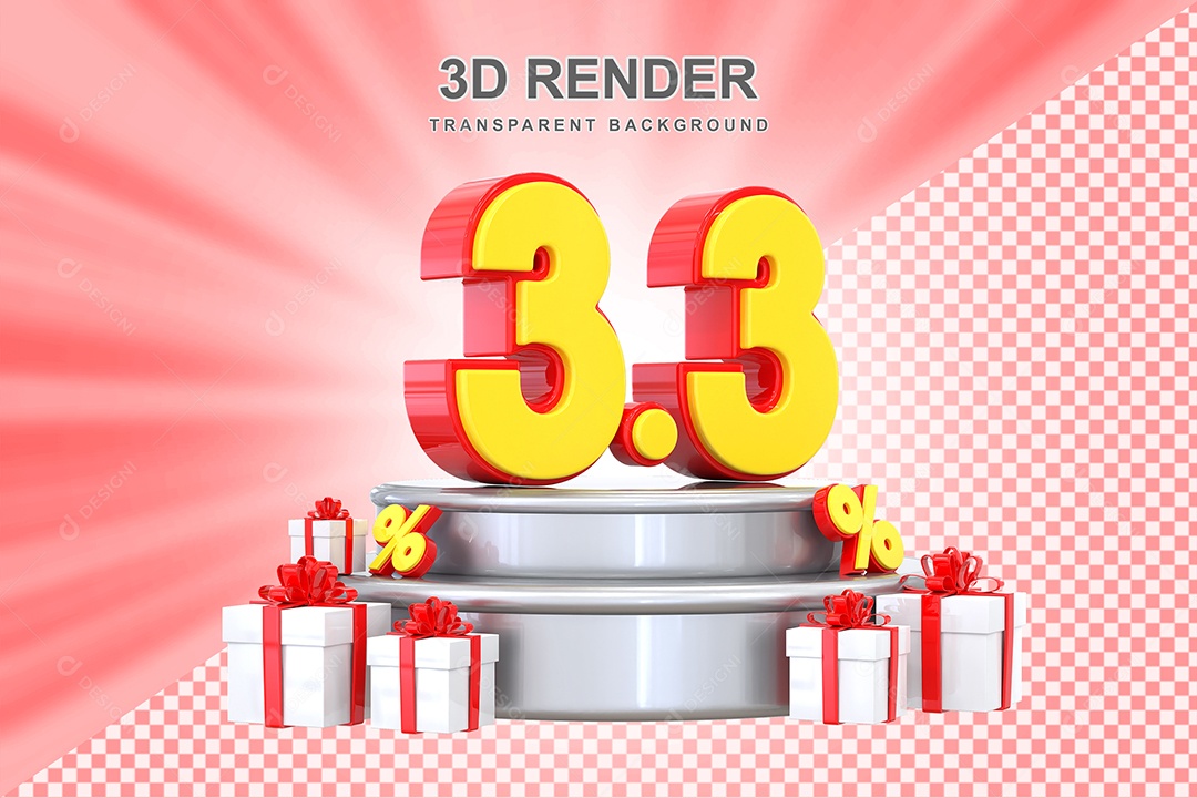 Número 3.3 Elemento 3D Vermelho E Anarelo para Composição PSD