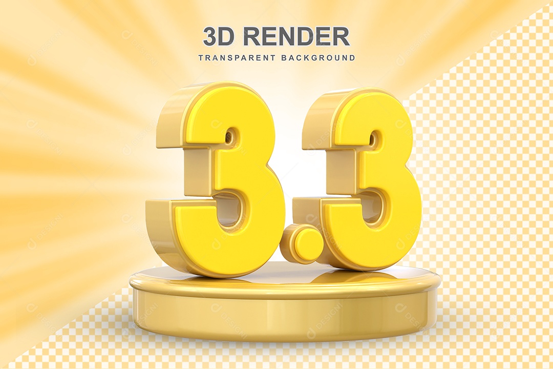 Número 3.3 Elemento 3D Amarelo para Composição PSD