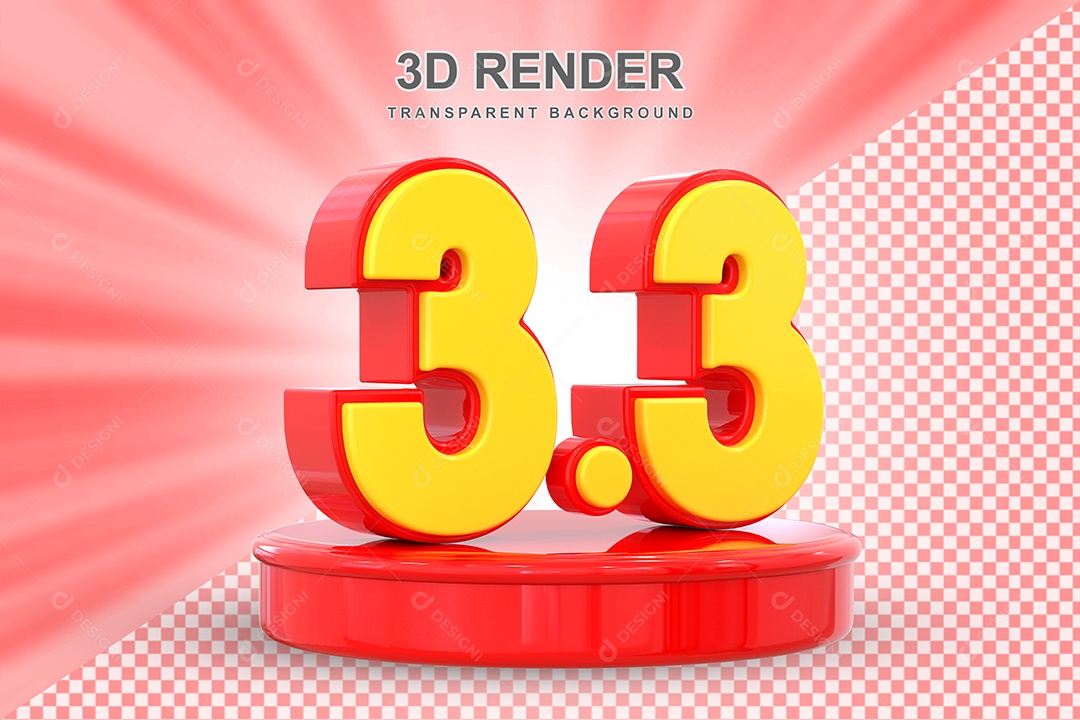 Número 3,3 Elemento 3D Amarelo E Vermelho para Composição PSD