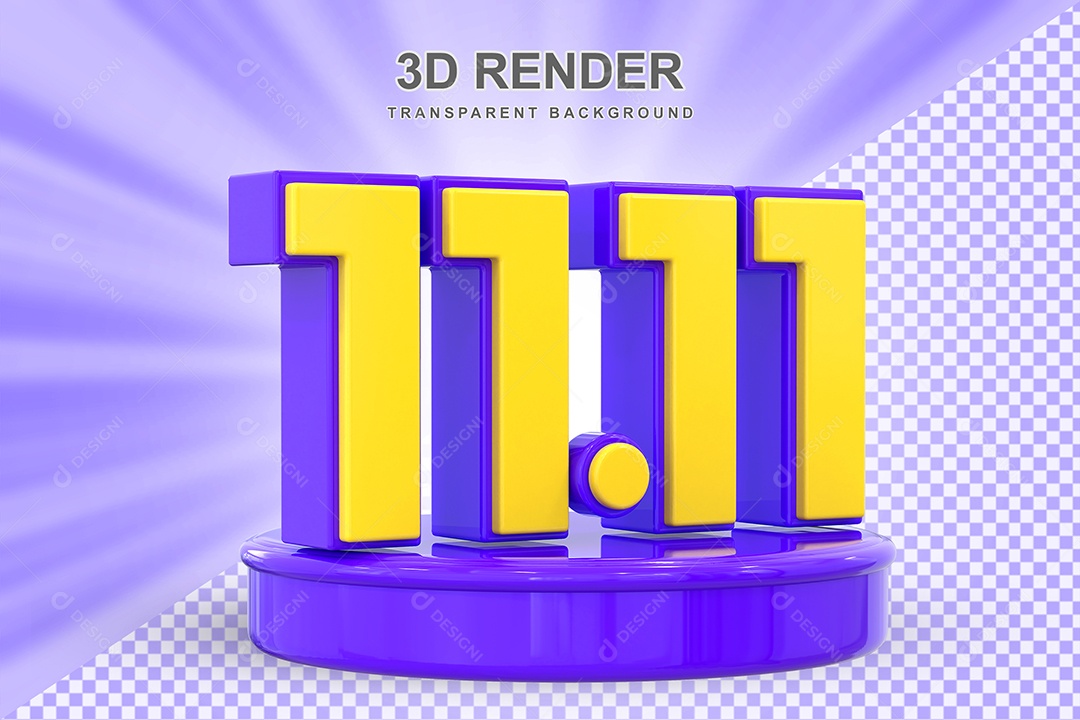 Número 11.11 Elemento 3D Amarelo E Roxo para Composição PSD