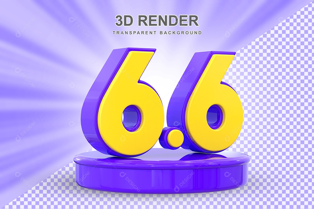 Número 6.6 Elemento 3D Amarelo E Roxo para Composição PSD