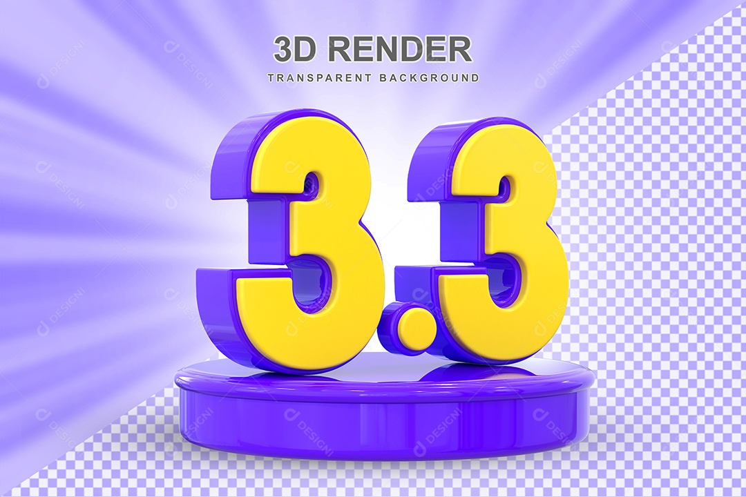 Número 3.3 Elemento 3D Amarelo E Roxo para Composição PSD
