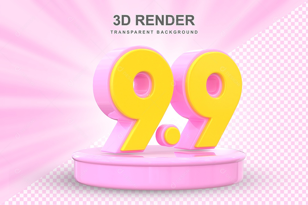 Número 9.9 Elemento 3D Amarelo E Rosa para Composição PSD
