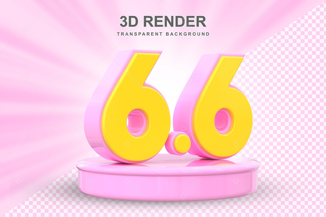 Número 6.6 Elemento 3D Amarelo E Rosa para Composição PSD