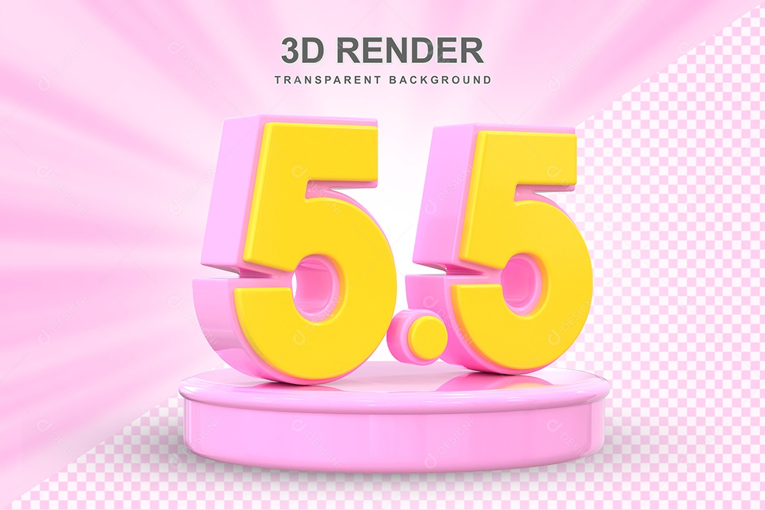 Número 5.5 Elemento 3D Amarelo E Rosa para Composição PSD