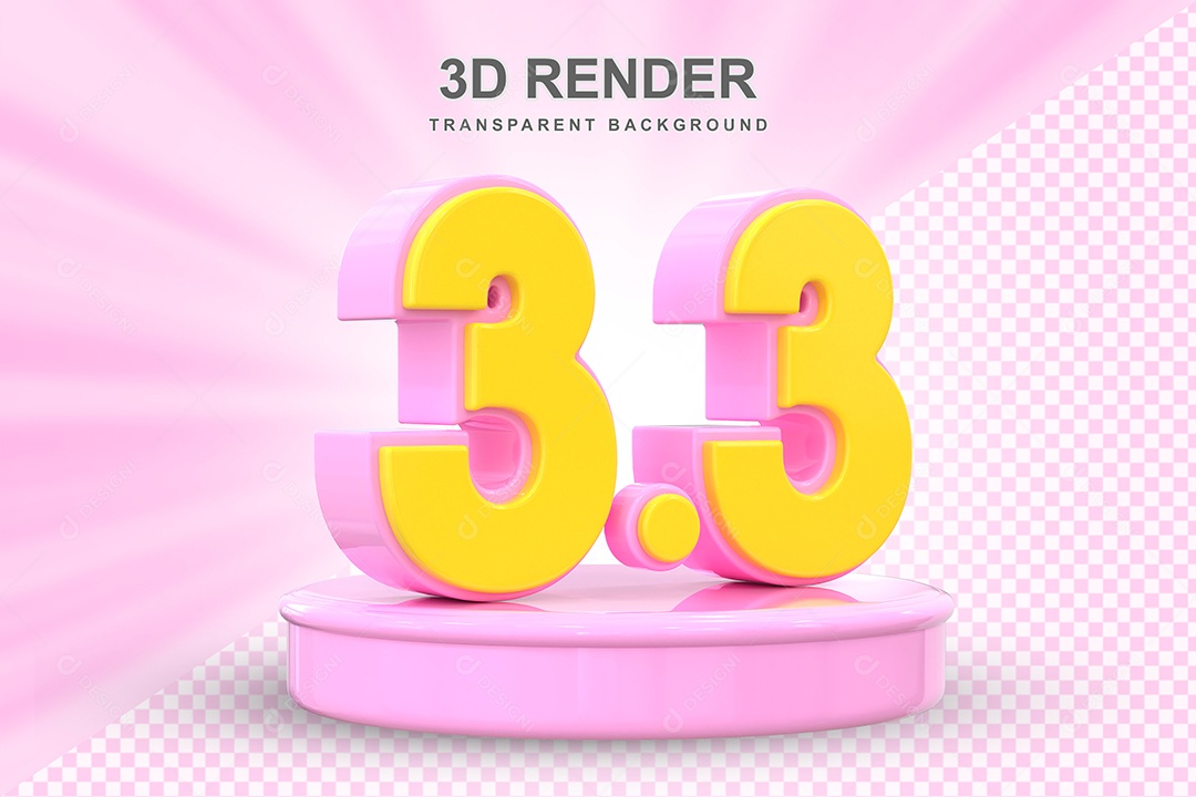 Número 3.3 Elemento 3D Amarelo E Rosa para Composição PSD