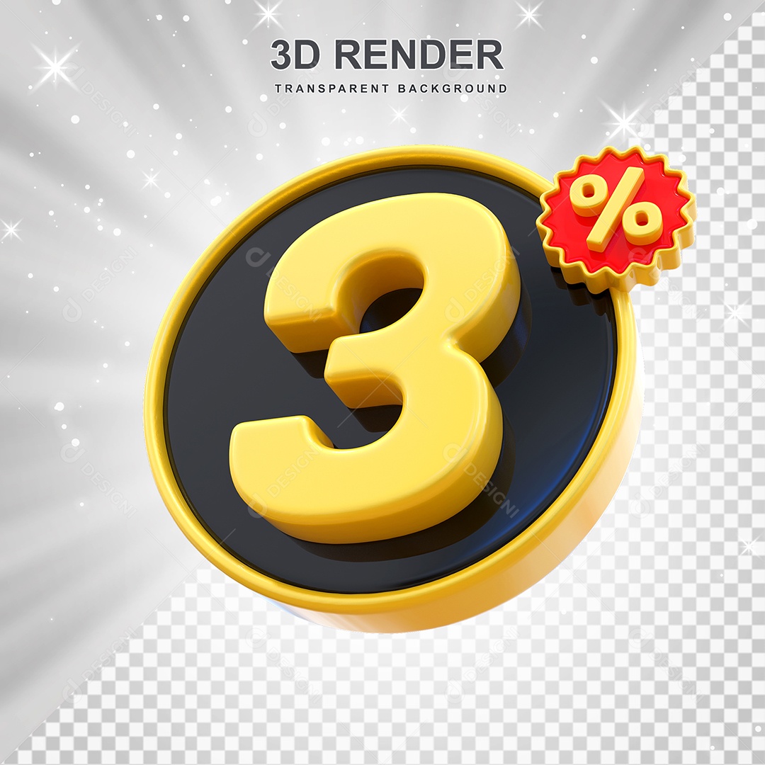 Número de Desconto 3% Elemento 3D Amarelo E Preto para Composição PSD